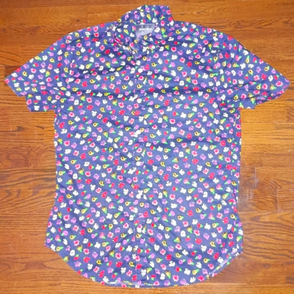 Mens Bonobos Navy Blue Floral Print Slim Fit Button Front Shirt Size Medium